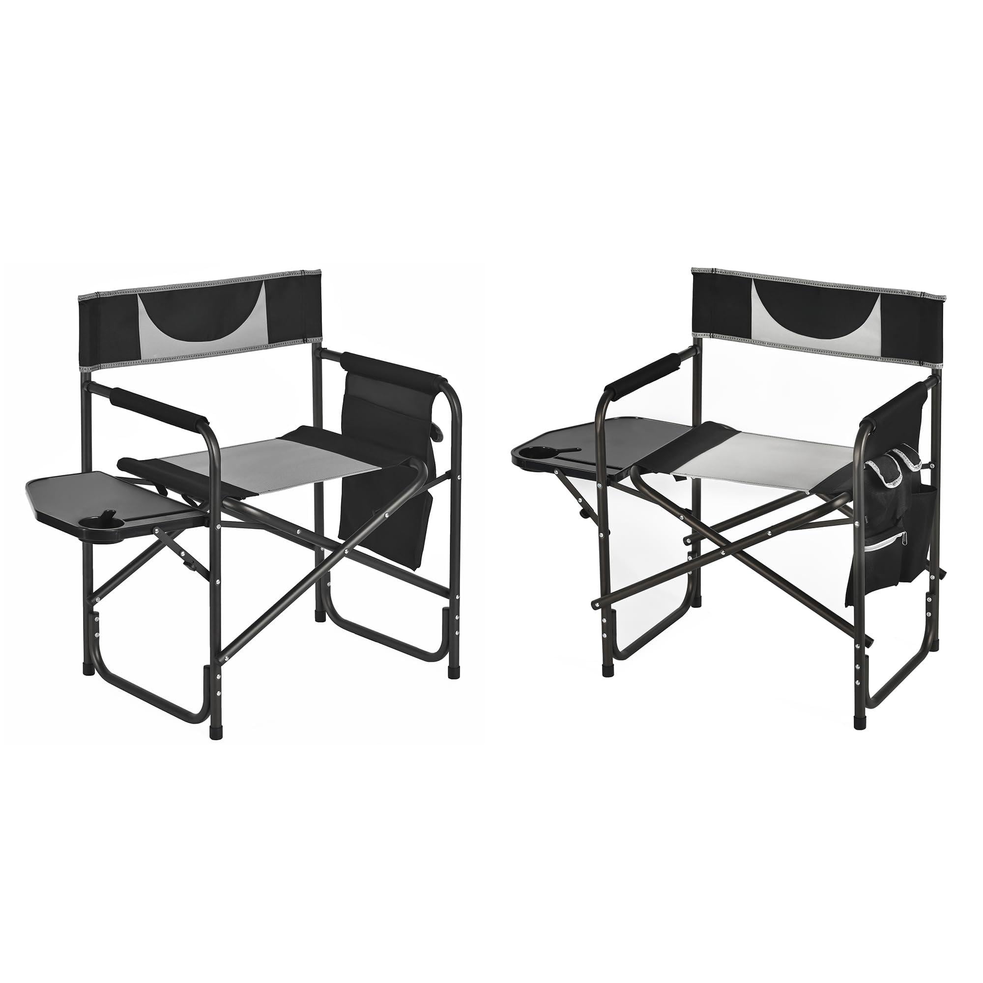 JETRANSPORT - Oversized Camping Directors Chair Portable Folding Lawn Chairs For Adults Heavy Duty With Side Table - Black Grey 2 PCS
