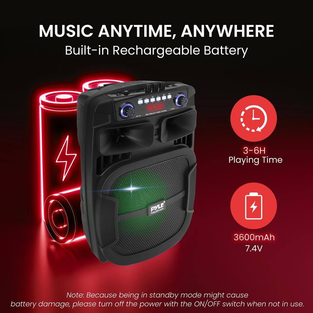 MUSIC ANYTIME, ANYWHERE  
Built-in Rechargeable Battery  

3-6H Playing Time  
3600mAh 7.4V  

Note: Because being in standby mode might cause battery damage, please turn off the power with the ON/OFF switch when not in use.