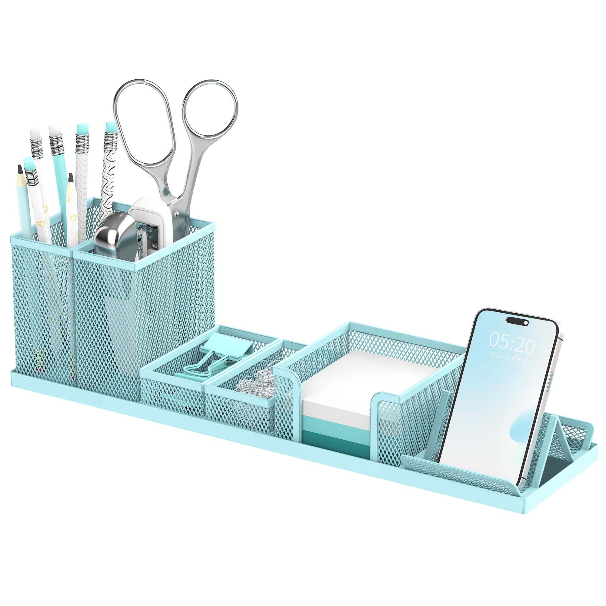 Paradigms Interiors - Pen Holder For Desk Mesh Organizer Set Office Organization With Mail Letter Phone Sticky Notes Storage - Blue