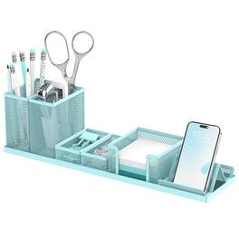 Paradigms Interiors - Pen Holder For Desk Mesh Organizer Set Office Organization With Mail Letter Phone Sticky Notes Storage - Blue
