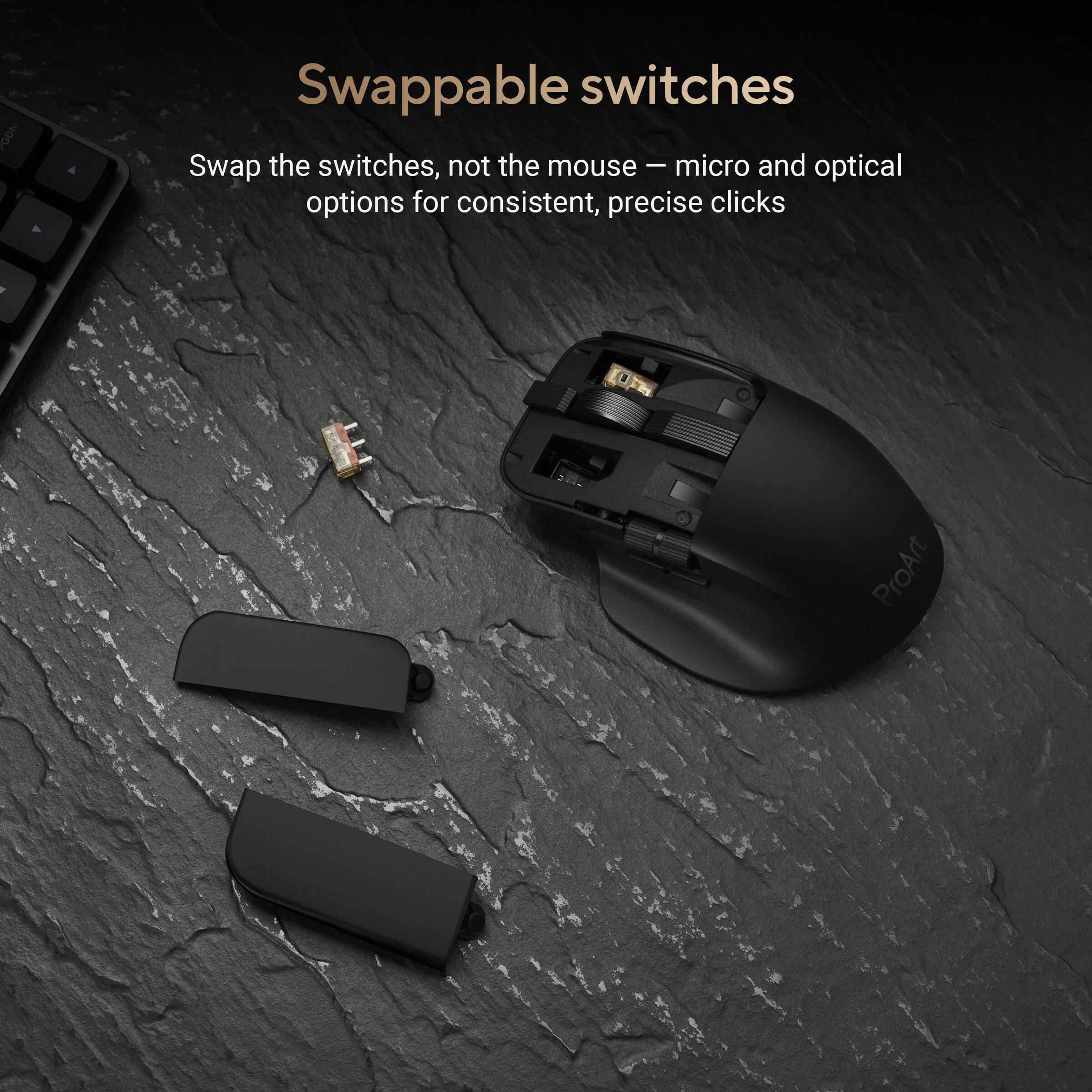 GDN - Swappable switches  
Swap the switches, not the mouse  
- micro and optical options for consistent, precise clicks  

ProArt