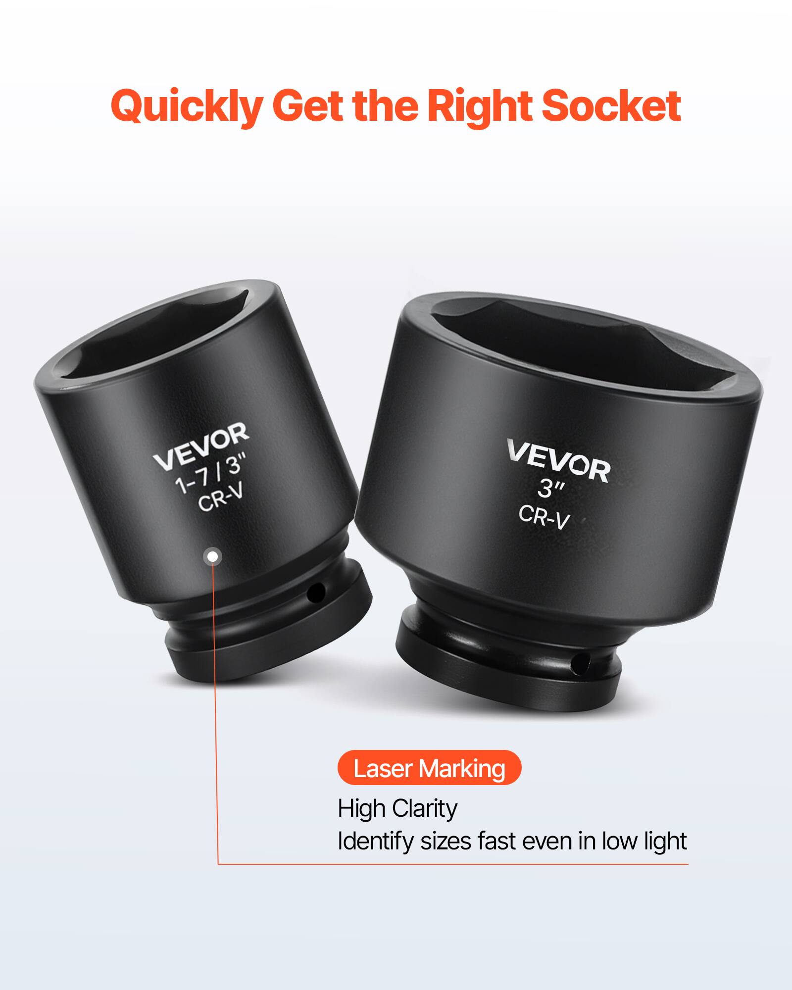 Quickly Get the Right Socket

VEVOR 1-7/3" CR-V

VEVOR 3" CR-V

Laser Marking
High Clarity
Identify sizes fast even in low light