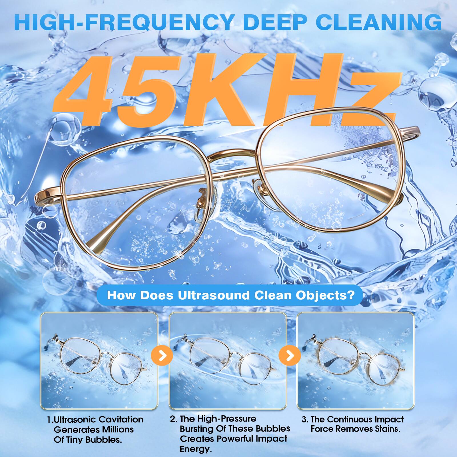 HIGH-FREQUENCY DEEP CLEANING  
45KHz  

How Does Ultrasound Clean Objects?  

1. Ultrasonic Cavitation Generates Millions Of Tiny Bubbles.  
2. The High-Pressure Bursting Of These Bubbles Creates Powerful Impact Energy.  
3. The Continuous Impact Force Removes Stains.