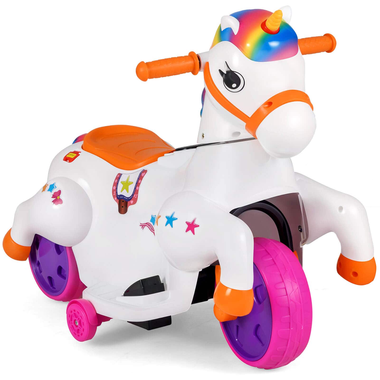 Costway - 12V Kids Ride on Unicorn Toy with Training Wheels Music One-button Start Horse Toy - Multicolor