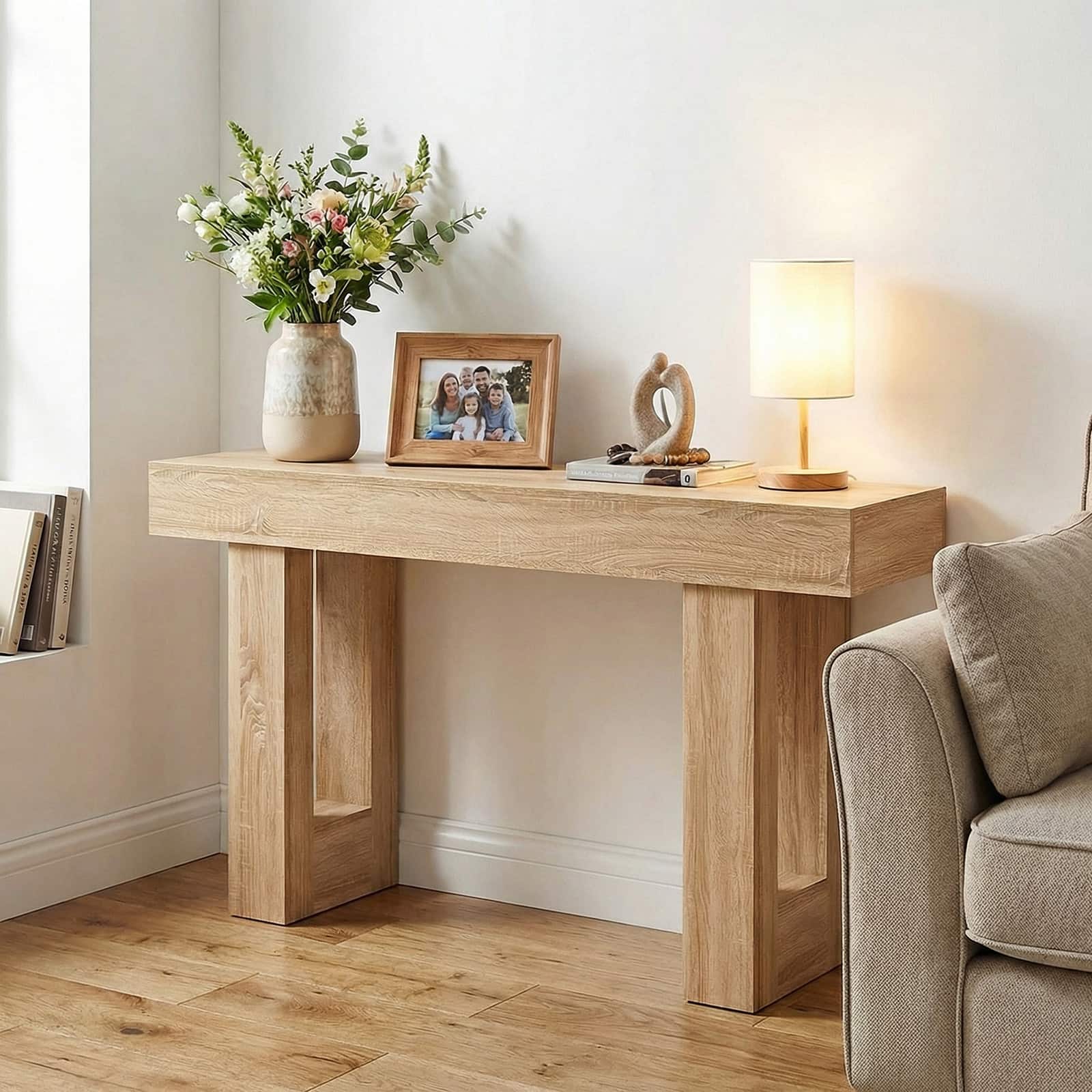 Costway - Long Console Table, Farmhouse Entryway Table with Storage, Wooden Sofa Table - Natural