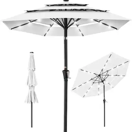 Front. Best Choice Products - Best Choice Products 10ft 3-Tier Solar Patio Umbrella w/ 24 LED Lights, Tilt Adjustment, Easy Crank - White - White.