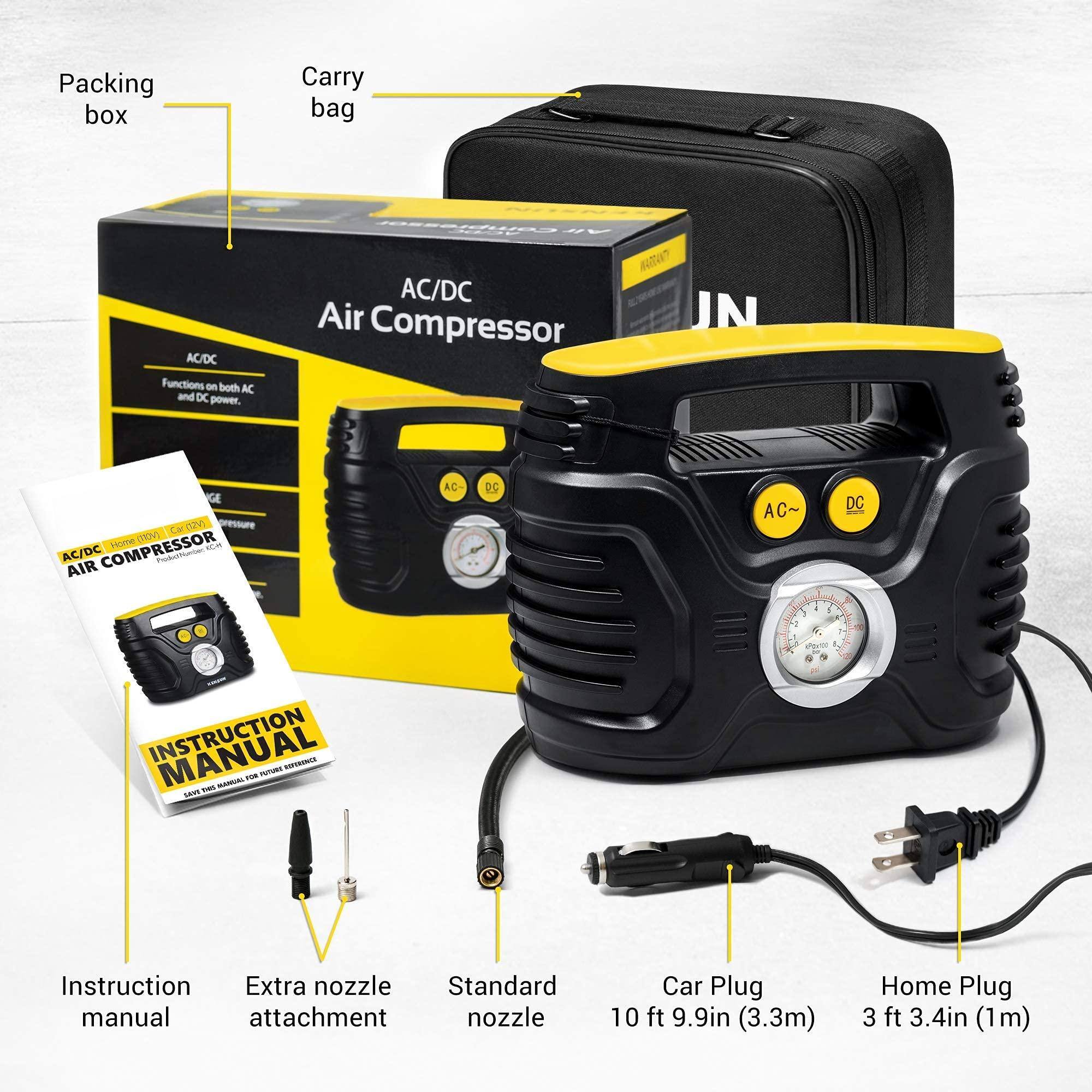 - Packing box
- Carry bag
- AC/DC Air Compressor
- AC/DC Functions on both AC and DC power
- AC/DC Air Compressor
- Instruction manual
- Extra nozzle attachment
- Standard nozzle
- Car Plug 10 ft 9.9in (3.3m)
- Home Plug 3 ft 3.4in (1m)