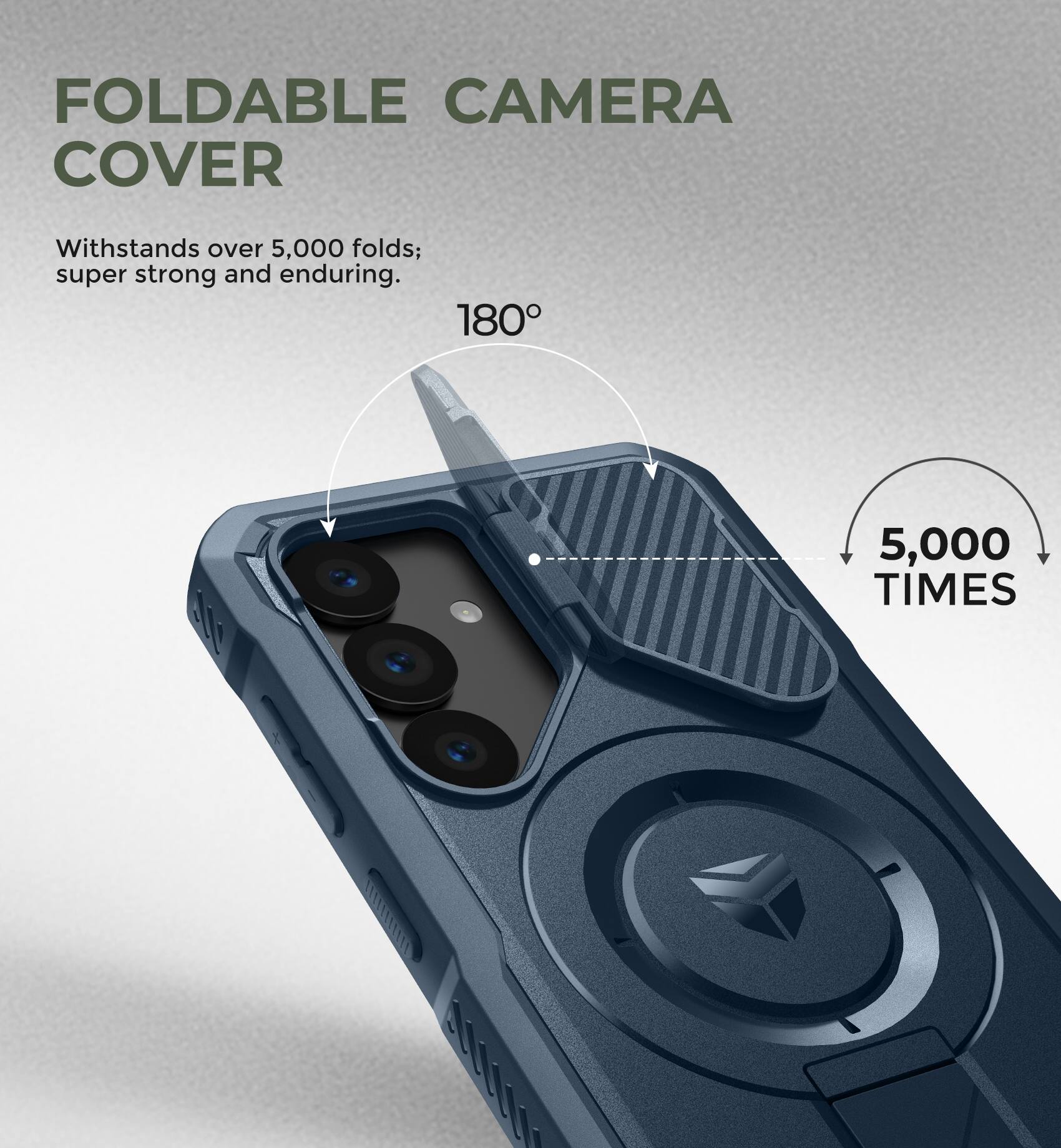 FOLDABLE CAMERA COVER
Withstands over 5,000 folds; super strong and enduring.
180°
5,000 TIMES