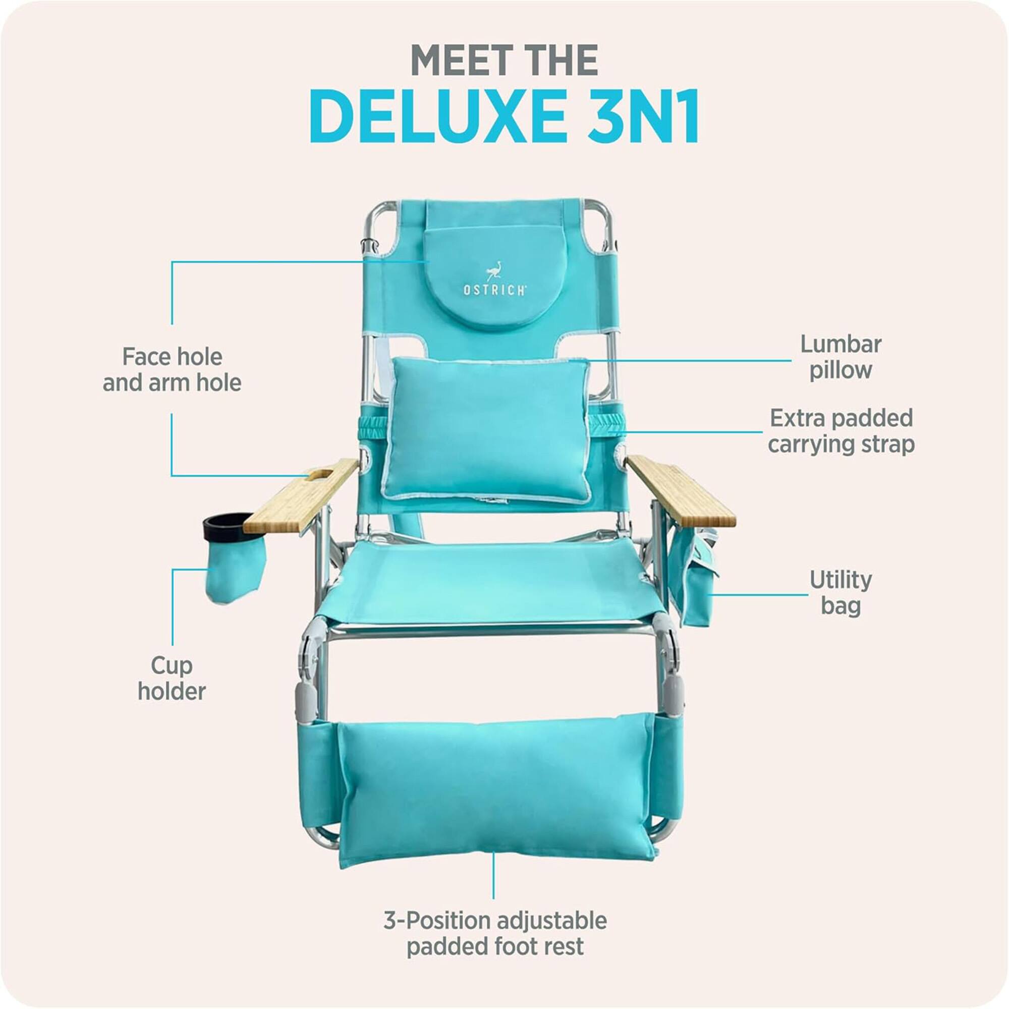 MEET THE DELUXE 3N1

- OSTRICH Face hole and arm hole
- Lumbar pillow
- Extra padded carrying strap
- Utility bag
- Cup holder
- 3-Position adjustable padded foot rest