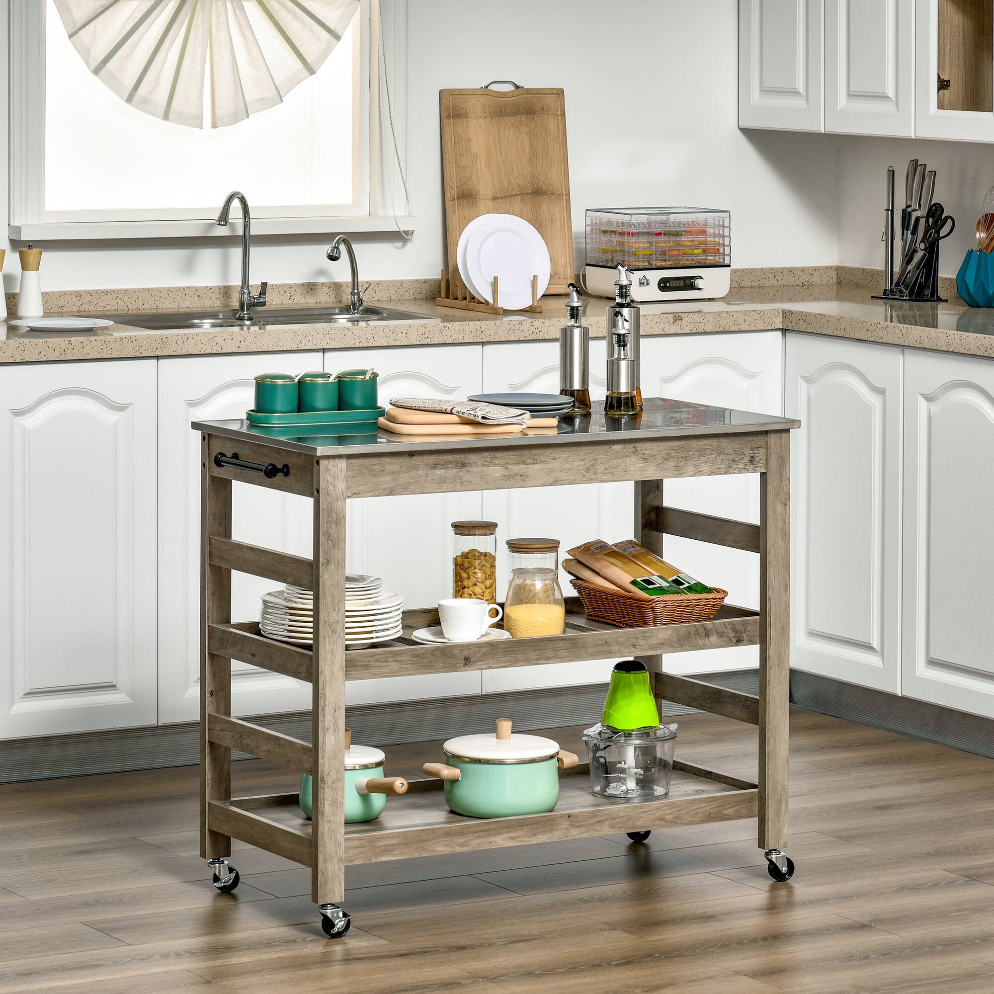 Alt View 1. Homcom - Rolling Kitchen Cart with Stainless Steel Countertop, 1 Bottom Shelf, 1 Slotted Middle Shelf and 4 Castor Wheels - Grey.