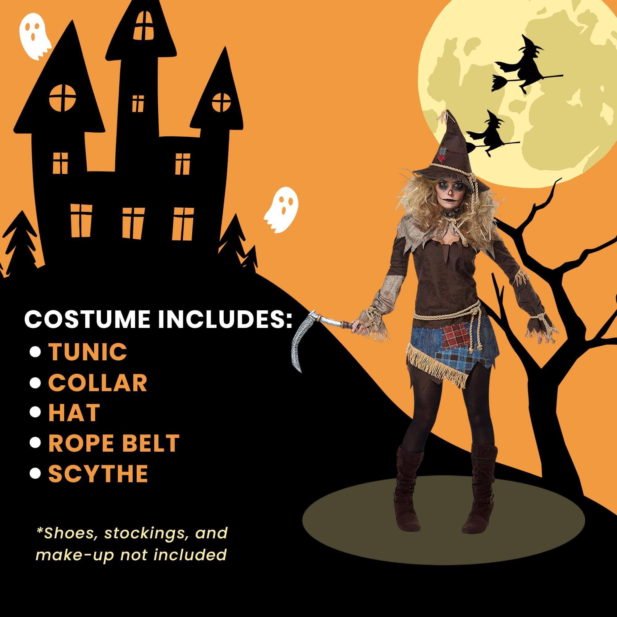 COSTUME INCLUDES:  
- Tunic  
- Collar  
- Hat  
- Rope Belt  
- Scythe  

*Shoes, stockings, and make-up not included