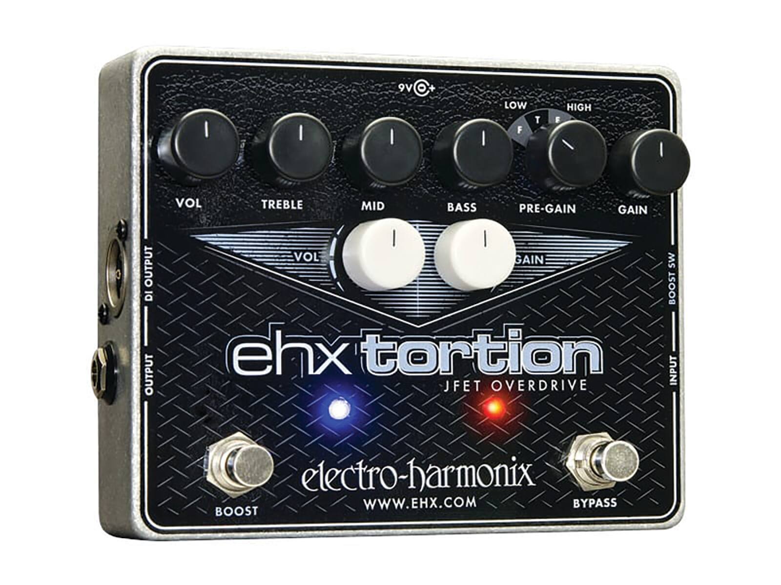 ehx tortion  
JFET OVERDRIVE  
electro-harmonix  
www.ehx.com  

9V  
LOW HIGH  
TREBLE MID BASS  
VOL PRE-GAIN GAIN  
VOL  
BOOST BYPASS  

INPUT OUTPUT  
DI OUTPUT