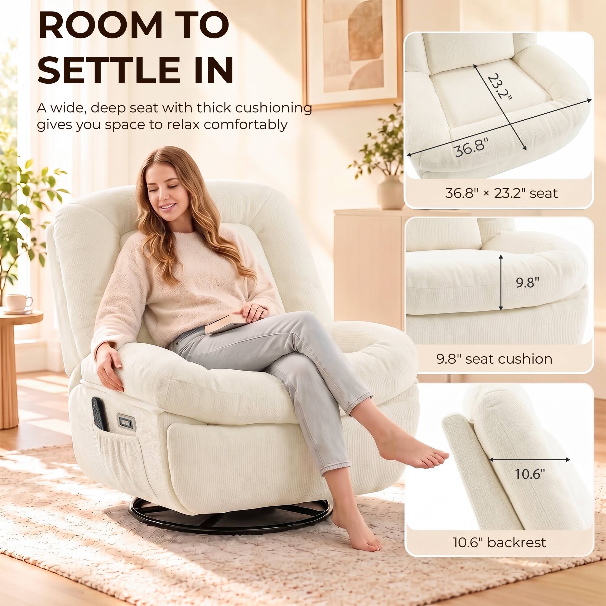 ROOM TO SETTLE IN  
A wide, deep seat with thick cushioning gives you space to relax comfortably

36.8" x 23.2" seat  
9.8" seat cushion  
10.6" backrest