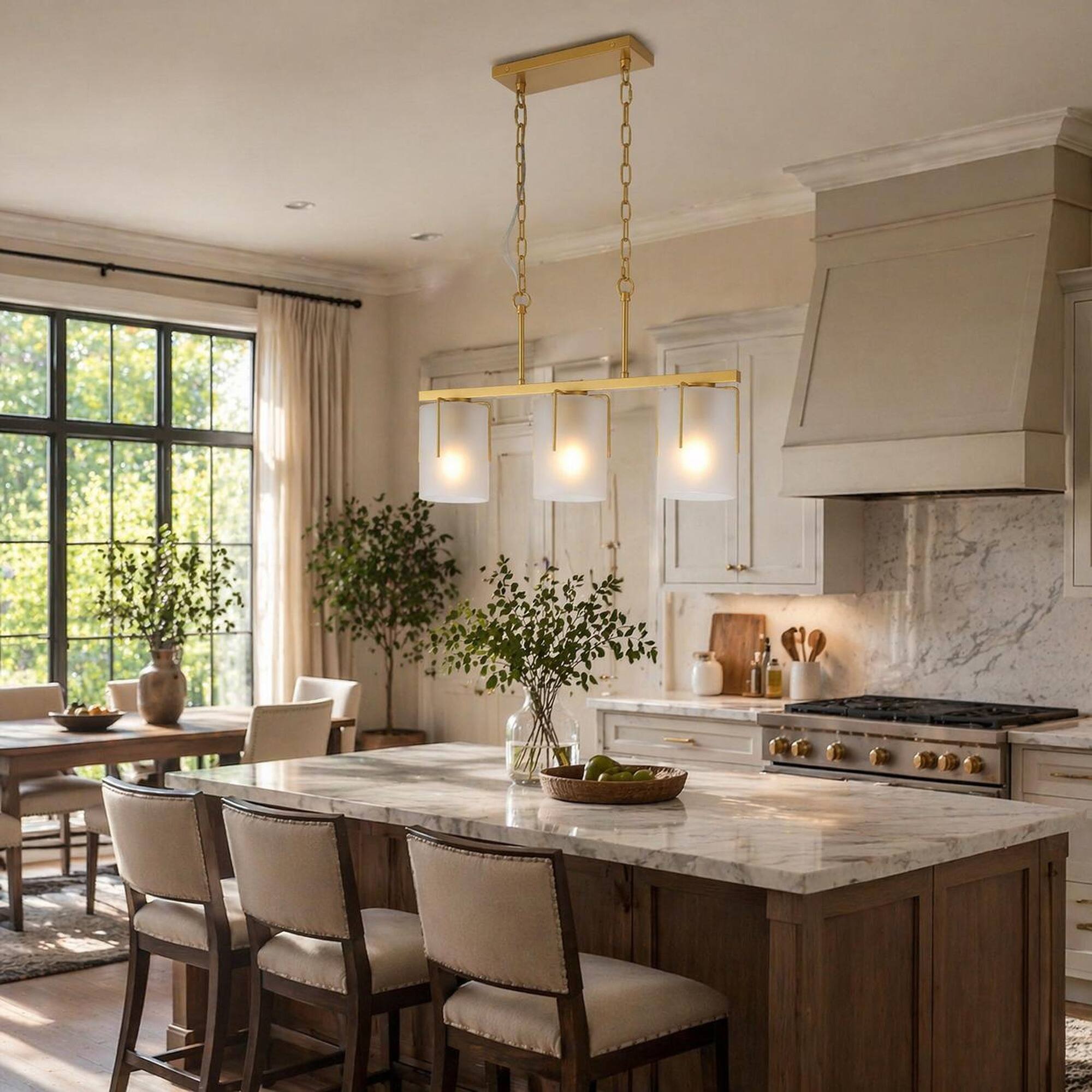Angle. RYHNUYNE - Modern Gold 3-Light Linear Chandelier with Frosted Glass Shades, Dining Room Lighting for Kitchen Island & Dining Room - Gold.