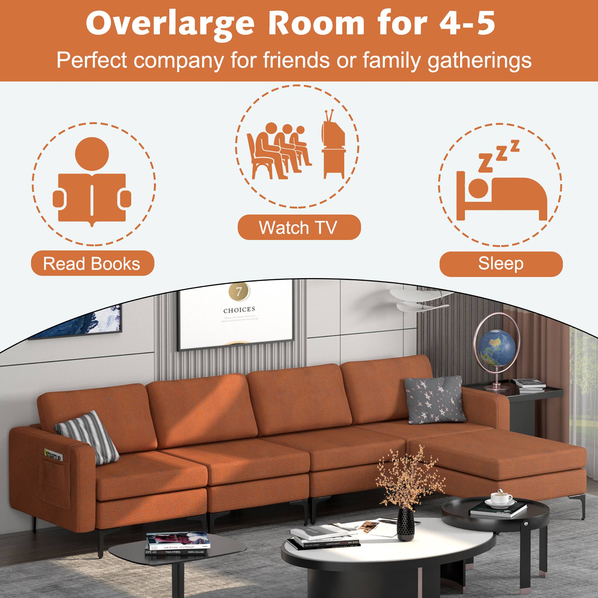 Overlarge Room for 4-5  
Perfect company for friends or family gatherings  

Read Books  
Watch TV  
Sleep  

CHOICES