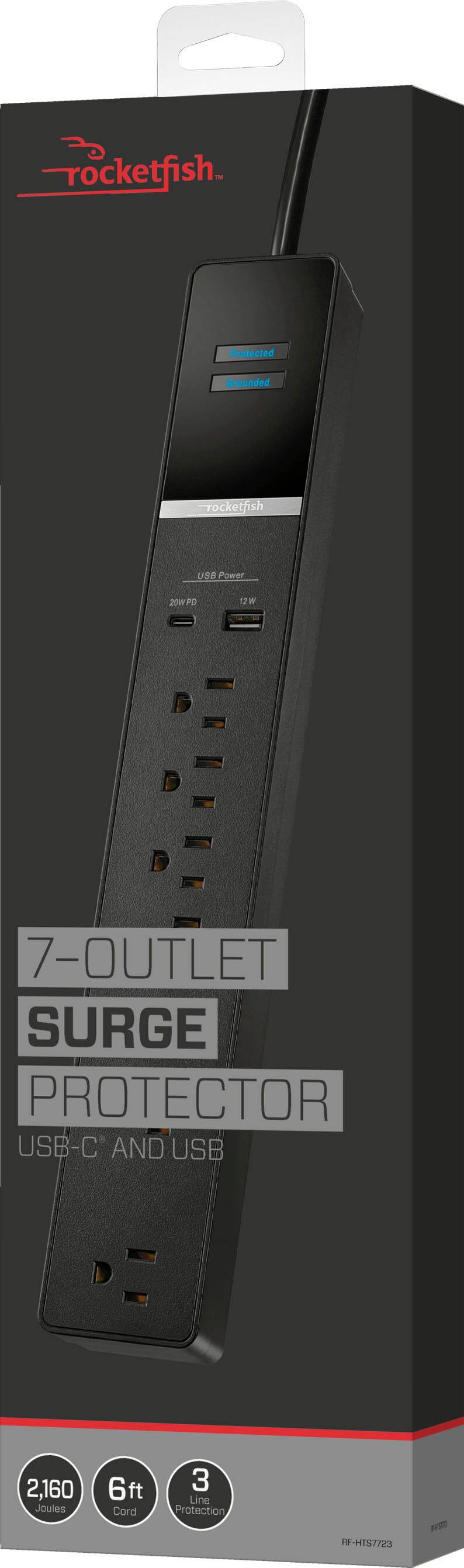 The text on the image is: "Rocketfish 7-Outlet Surge Protector USB-C and USB 2.160 Joules 6ft Cord 3 Line Protection RF-HT57723."