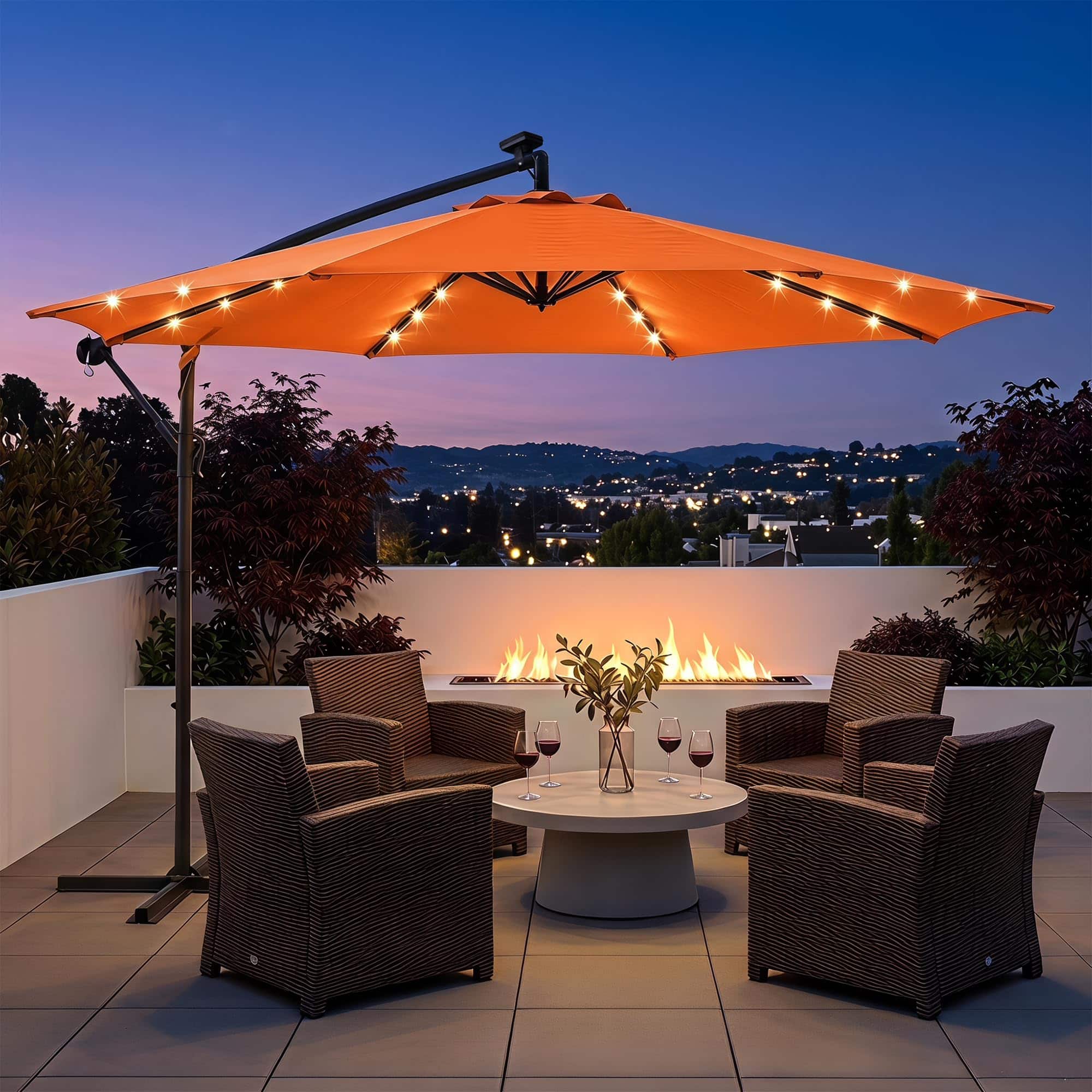 LAUSAINT HOME - 10 ft Offset Patio Umbrella LED Lights Cantilever Outdoor Easy Tilt Crank Deck Poolside Backyard - Orange
