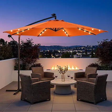 Front. LAUSAINT HOME - 10 ft Offset Patio Umbrella LED Lights Cantilever Outdoor Easy Tilt Crank Deck Poolside Backyard - Orange.