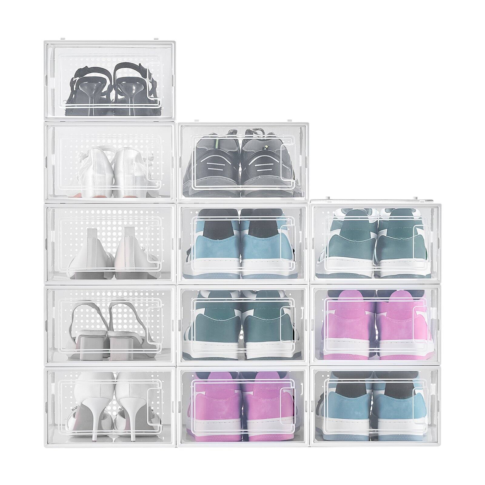 Glintex - Stackable Shoe Storage Boxes, 12 Pack Modular Shoe Organizer, Clear Sneaker Display Rack - White