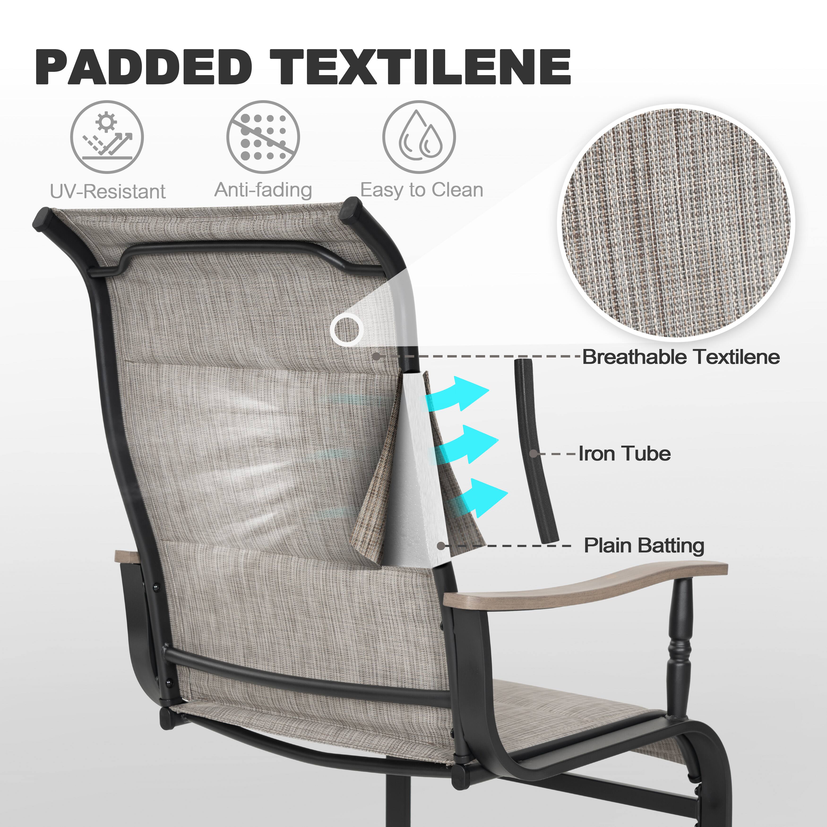 Padded Textilene  
UV-Resistant  
Anti-fading  
Easy to Clean  
Breathable Textilene  
Iron Tube  
Plain Batting