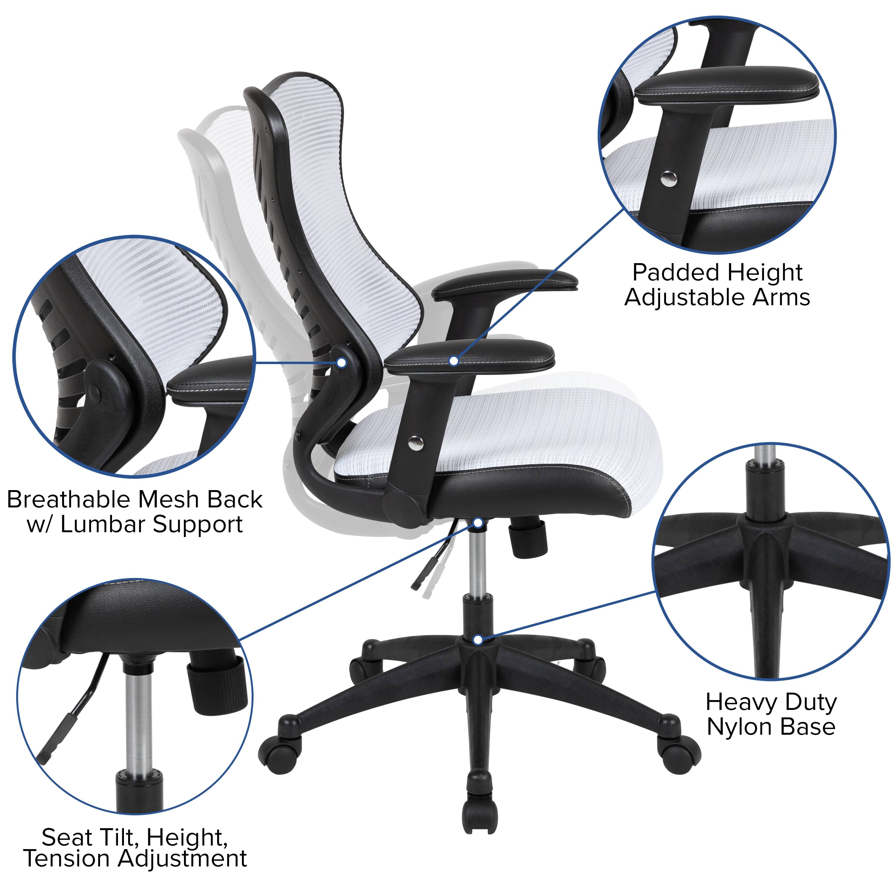 Padded Height Adjustable Arms  
Breathable Mesh Back w/ Lumbar Support  
Heavy Duty Nylon Base  
Seat Tilt, Height, Tension Adjustment