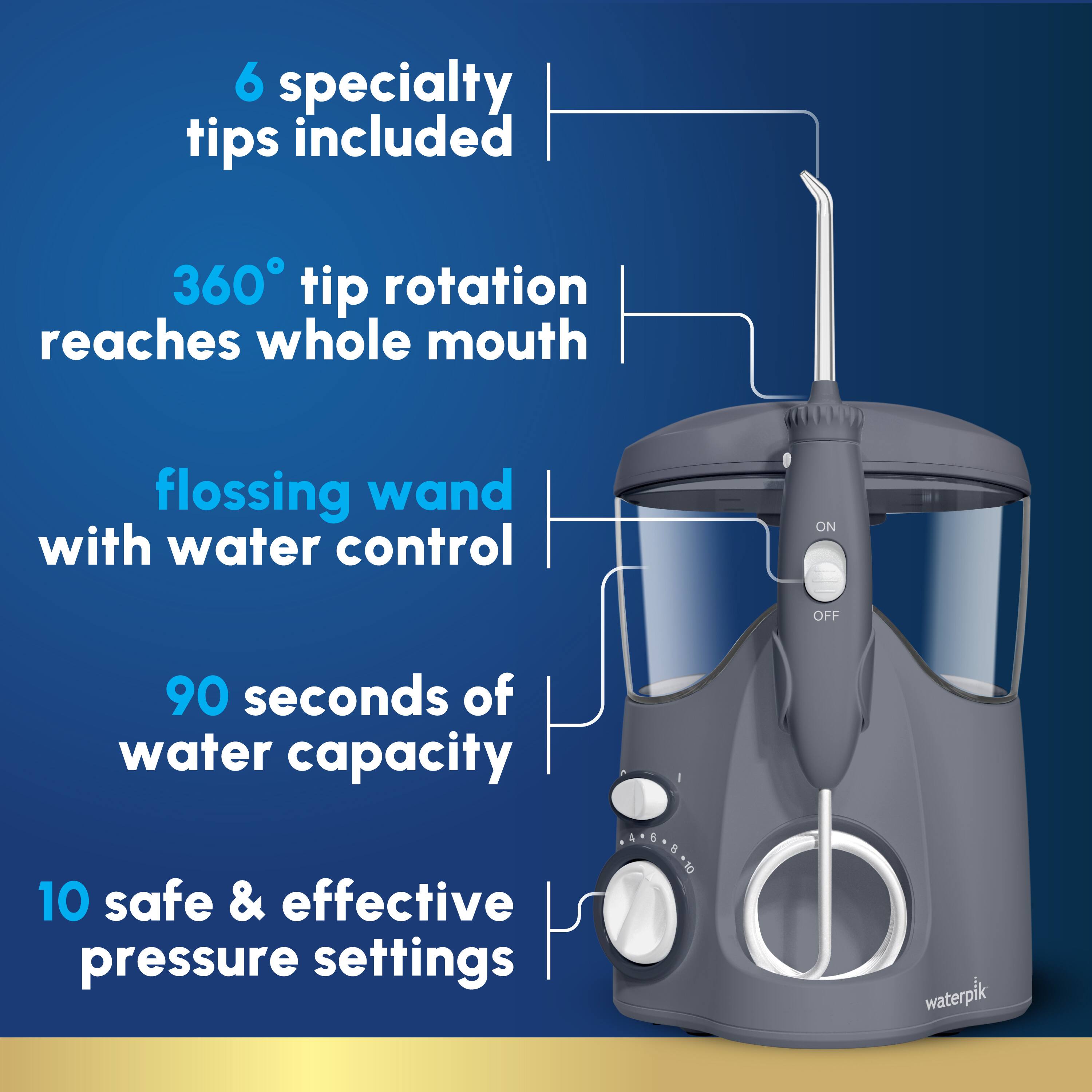 The text on the image is grouped and corrected as follows:
6 specialty tips included
360 tip rotation reaches whole mouth
Flossing wand with water control: ON/OFF
90 seconds of water capacity
10 safe & effective pressure settings
Waterpik