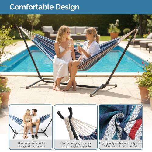 Comfortable Design  
This patio hammock is designed for 2 persons.  
Sturdy hanging rope for large carrying capacity.  
High quality cotton and polyester fabric for ultimate comfort.