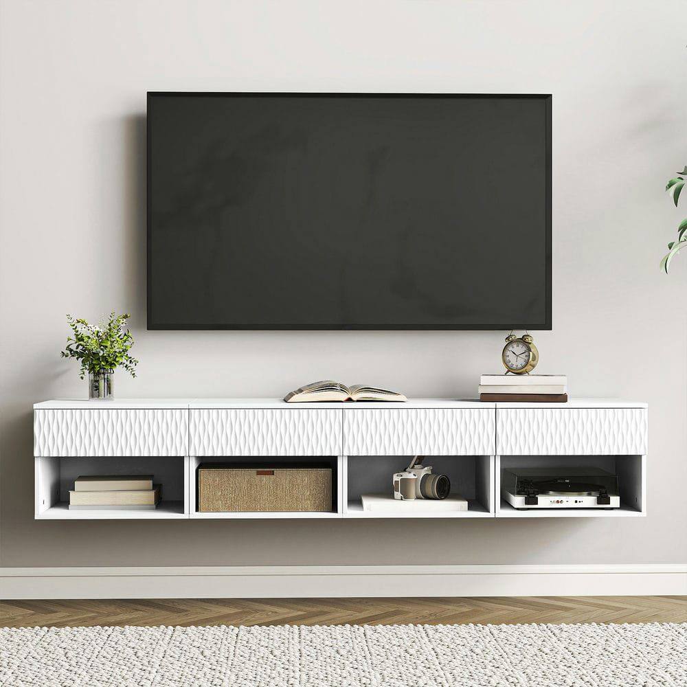 Alt View 7. Kadyn - Wavy-Textured Double-Mounted Wall-Mounted Floating Nightstand with Drawer for Bedroom - White - White.