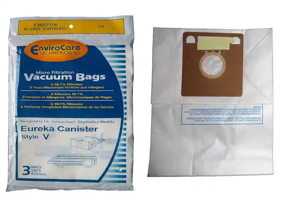 A MUST FOR ALLERGY SUFFERERS!!
154 EnviroCare TECHNOLOGIES Micro Filtration Vacuum Bags
99.7% Filtration Traps Microscopic Particles and Allergens
Filtración 99.7% Particles et Allergenes Microscopiques de Pièges
99.7% Filtración Partículas Alergénicas Microscópicas de los Desvios
Designed to Fit: Conçu Pour: Diseñado a Medida: Eureka Canister Style V
3 BAGS SACS BOLSAS