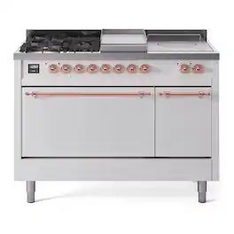 ILVE - Nostalgie II Series 48 in. Dual Fuel Range with 5 Sealed Burners + Griddle (Liquid Propane, Copper Trim) - White