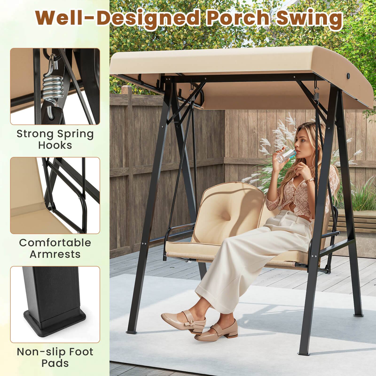 Well-Designed Porch Swing
Strong Spring Hooks
Comfortable Armrests
Non-slip Foot Pads