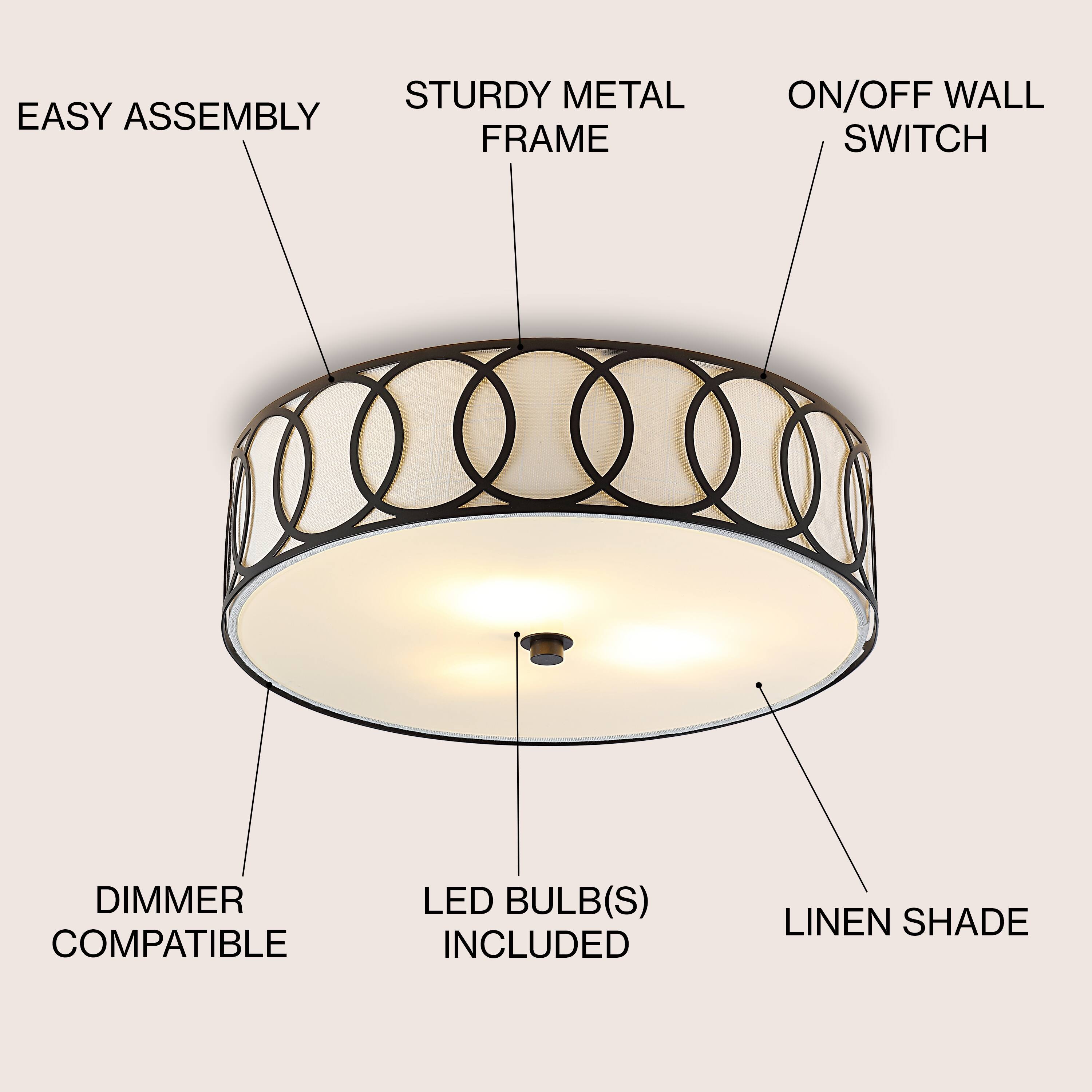 STURDY METAL EASY ASSEMBLY FRAME ON/OFF WALL SWITCH DIMMER COMPATIBLE LED BULB(S) INCLUDED LINEN SHADE