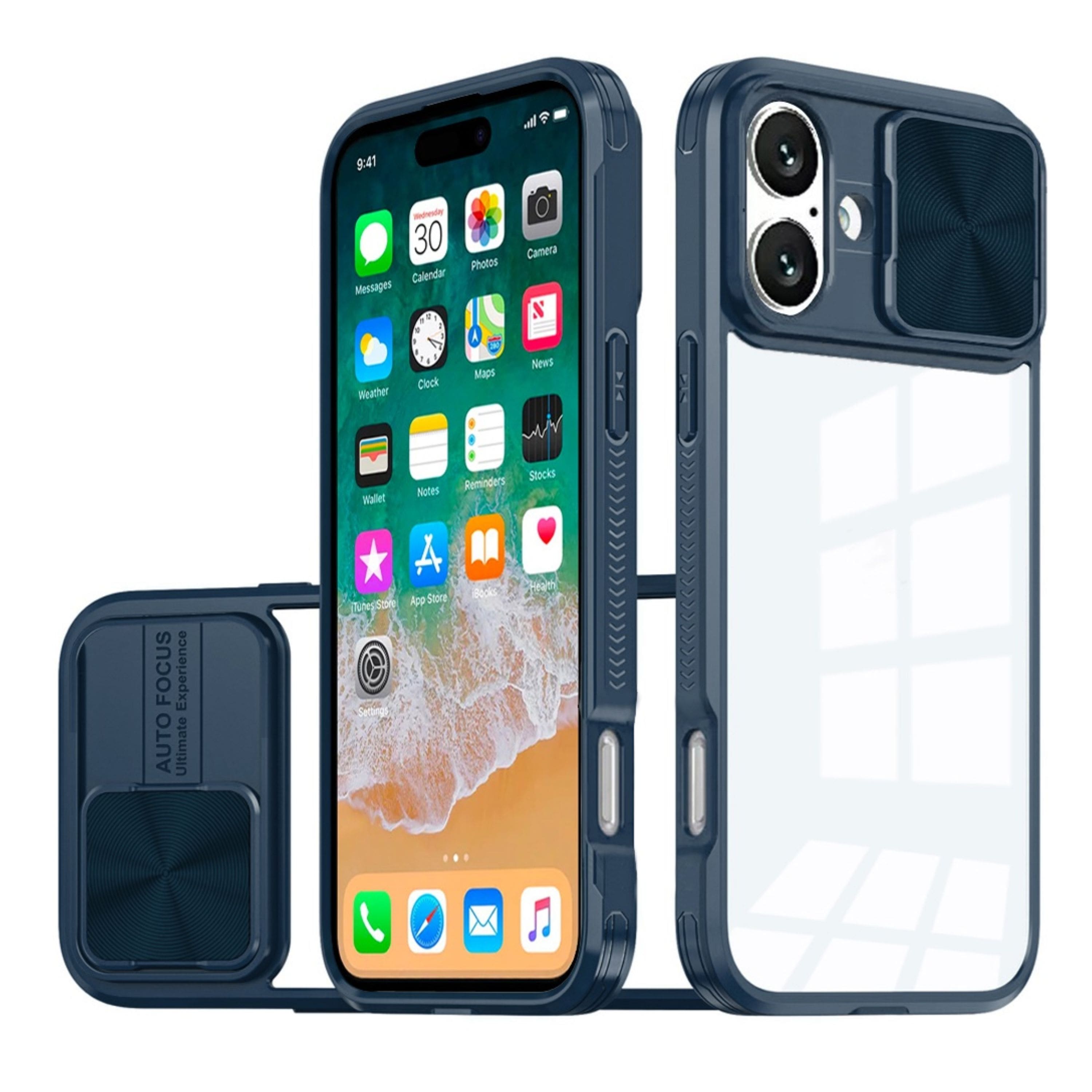 Kitcheniva - Rear Lens Sliding Cover Clear Phone Case With Tempered Glass For iPhone 16 Plus - Blue price history on PriceWatchPro