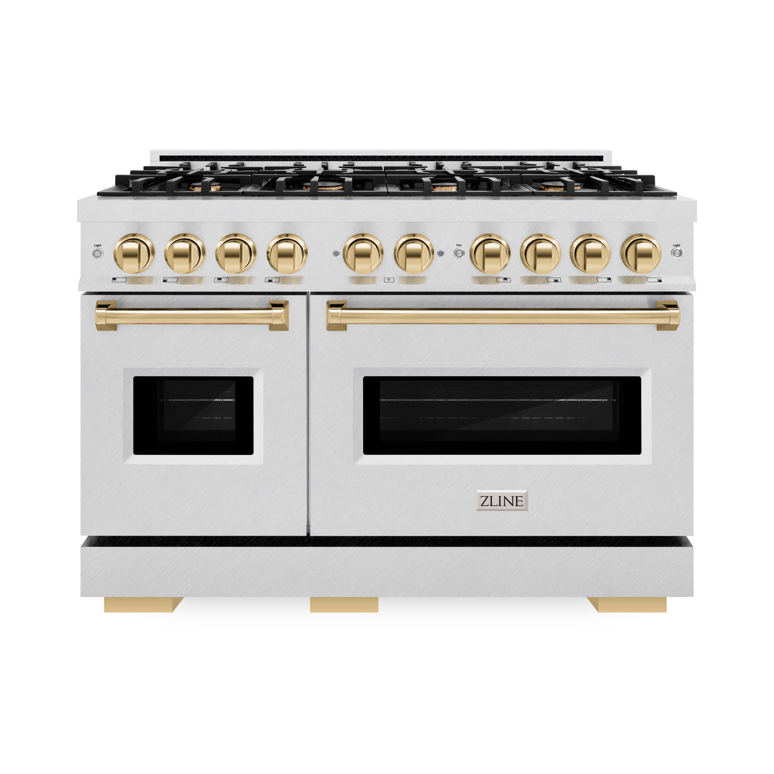 Front. ZLINE - ZLINE Autograph 48 in. Classic Satin Steel Gas Range w/ 8 Burners & Gold Accents (CGRSZ-48-G) - Stainless Steel.
