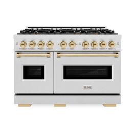 ZLINE - Autograph 48 in. Classic Satin Steel Gas Range w/ 8 Burners & Gold Accents (CGRSZ-48-G) - Stainless Steel