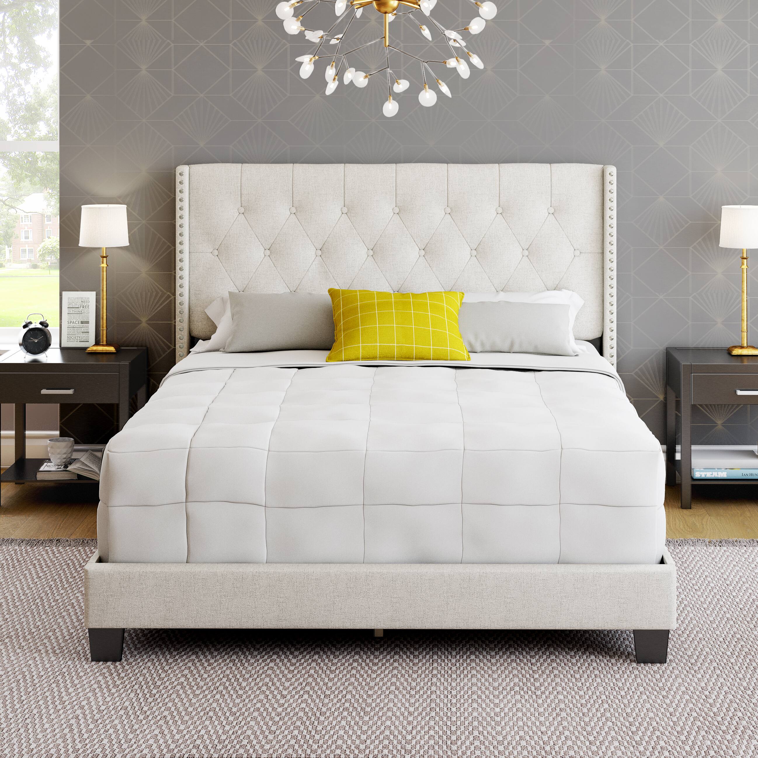 Alt View 1. Boyd Sleep - Mia Linen Platform Bed Frame with Tufted Headboard and Nailhead Trim, No Box Spring Required - Egg Shell.