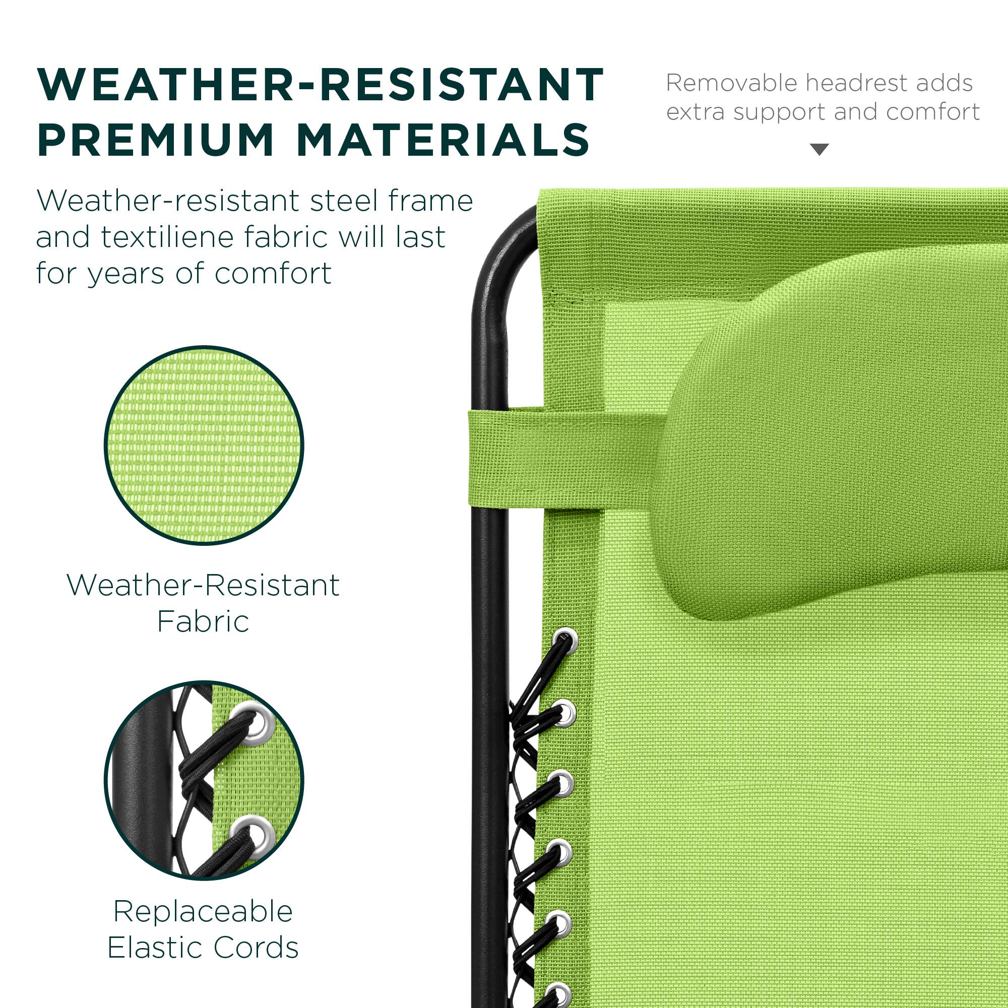 **WEATHER-RESISTANT PREMIUM MATERIALS**

Weather-resistant steel frame and textilene fabric will last for years of comfort

- Weather-Resistant Fabric
- Replaceable Elastic Cords

Removable headrest adds extra support and comfort