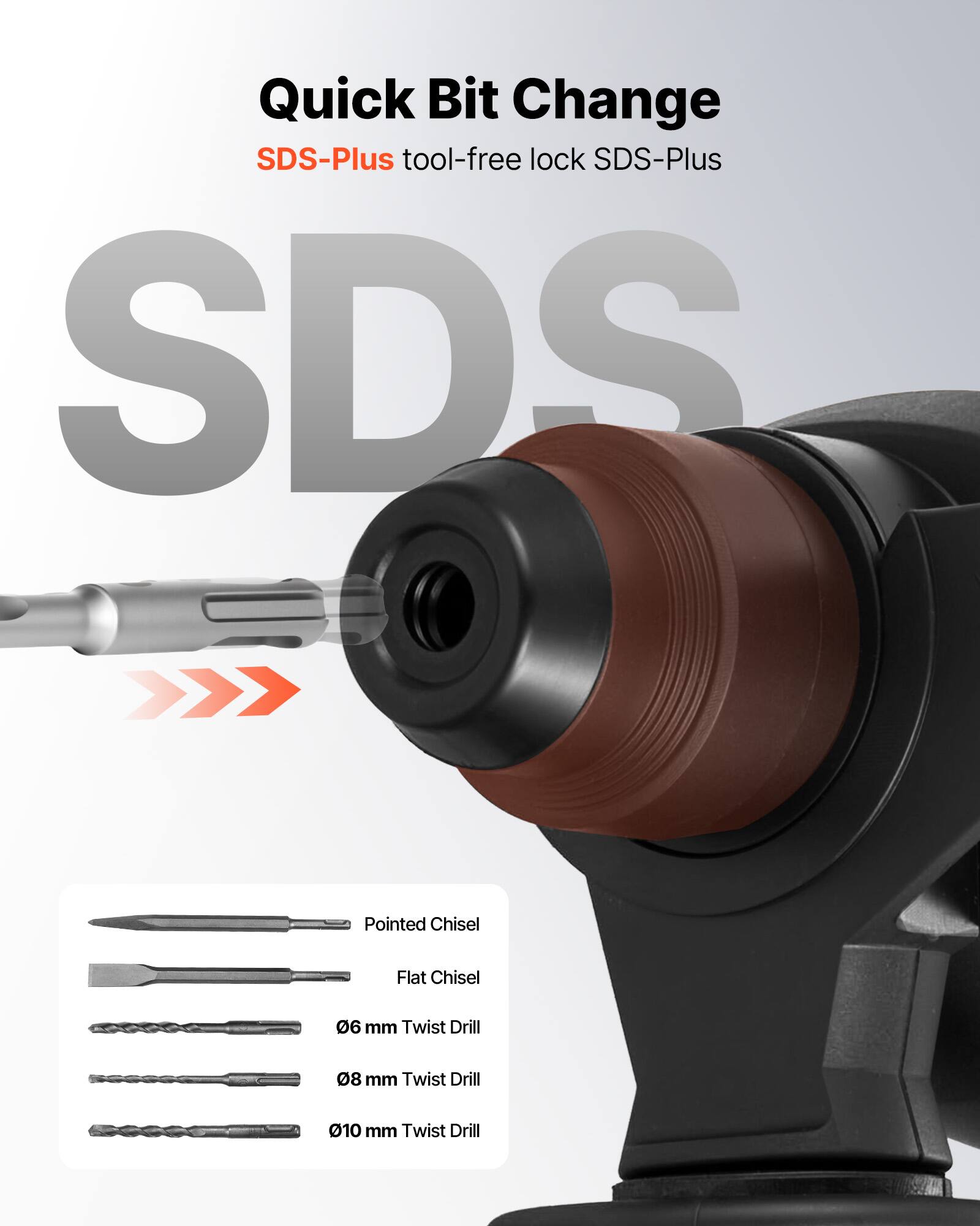 Quick Bit Change SDS-Plus tool-free lock SDS-Plus

SDS

Pointed Chisel
Flat Chisel
06 mm Twist Drill
08 mm Twist Drill
010 mm Twist Drill