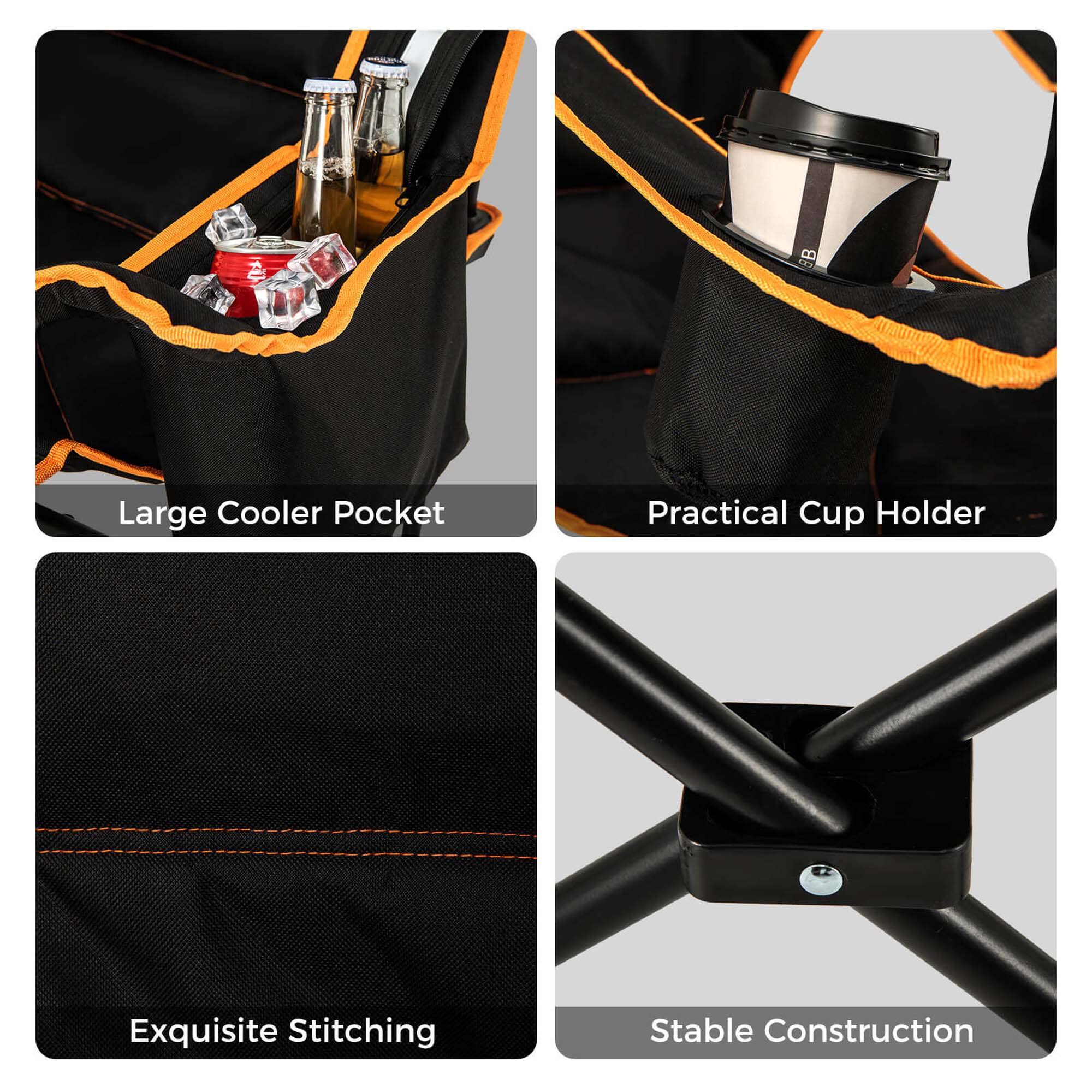 The text on the image is grouped as follows:

1. Large Cooler Pocket
2. Practical Cup Holder
3. Exquisite Stitching
4. Stable Construction