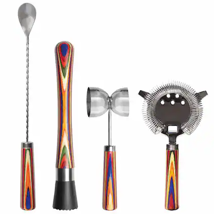 Front. Baltique - Marrakesh Collection 4-Piece Bartending Kit - Red, Blue, Green, Orange.