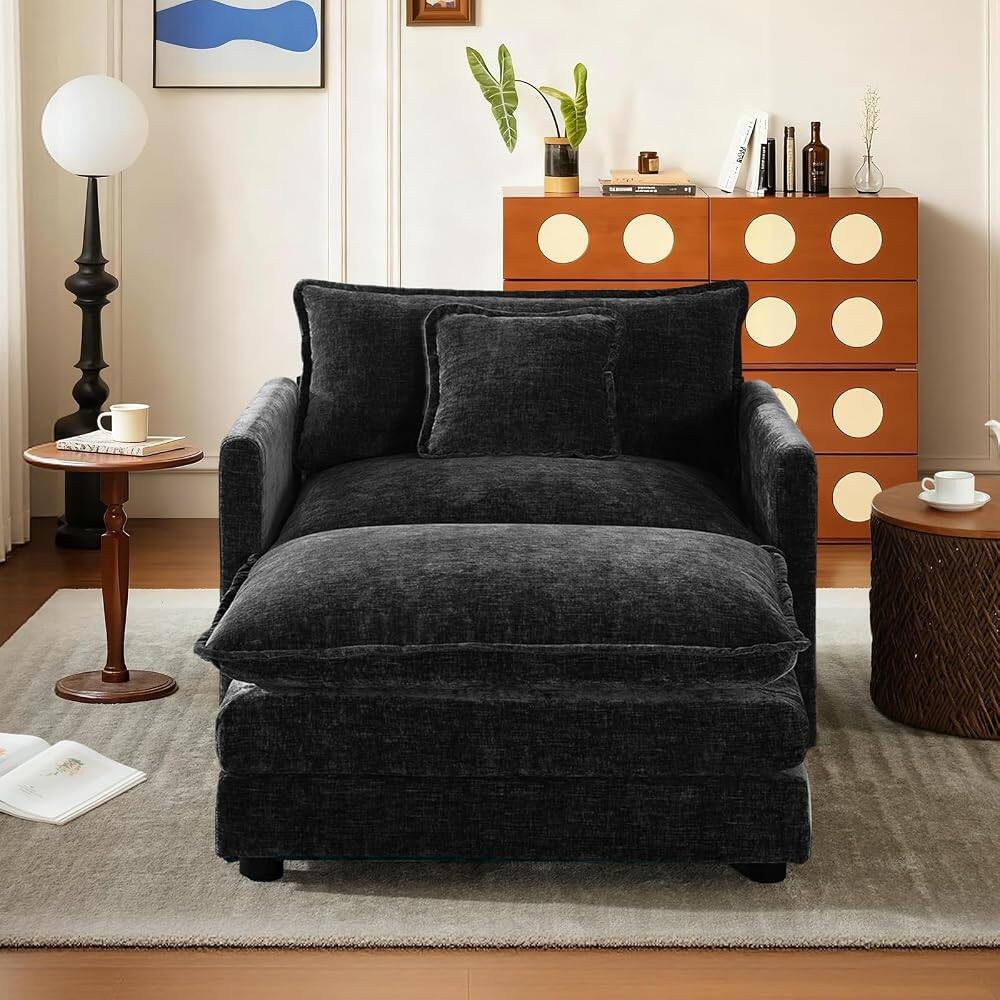 Alt View 1. JUJABU - Black Chenille Modular Single Sofa with Ottoman and Pillow for Living Room - Black.