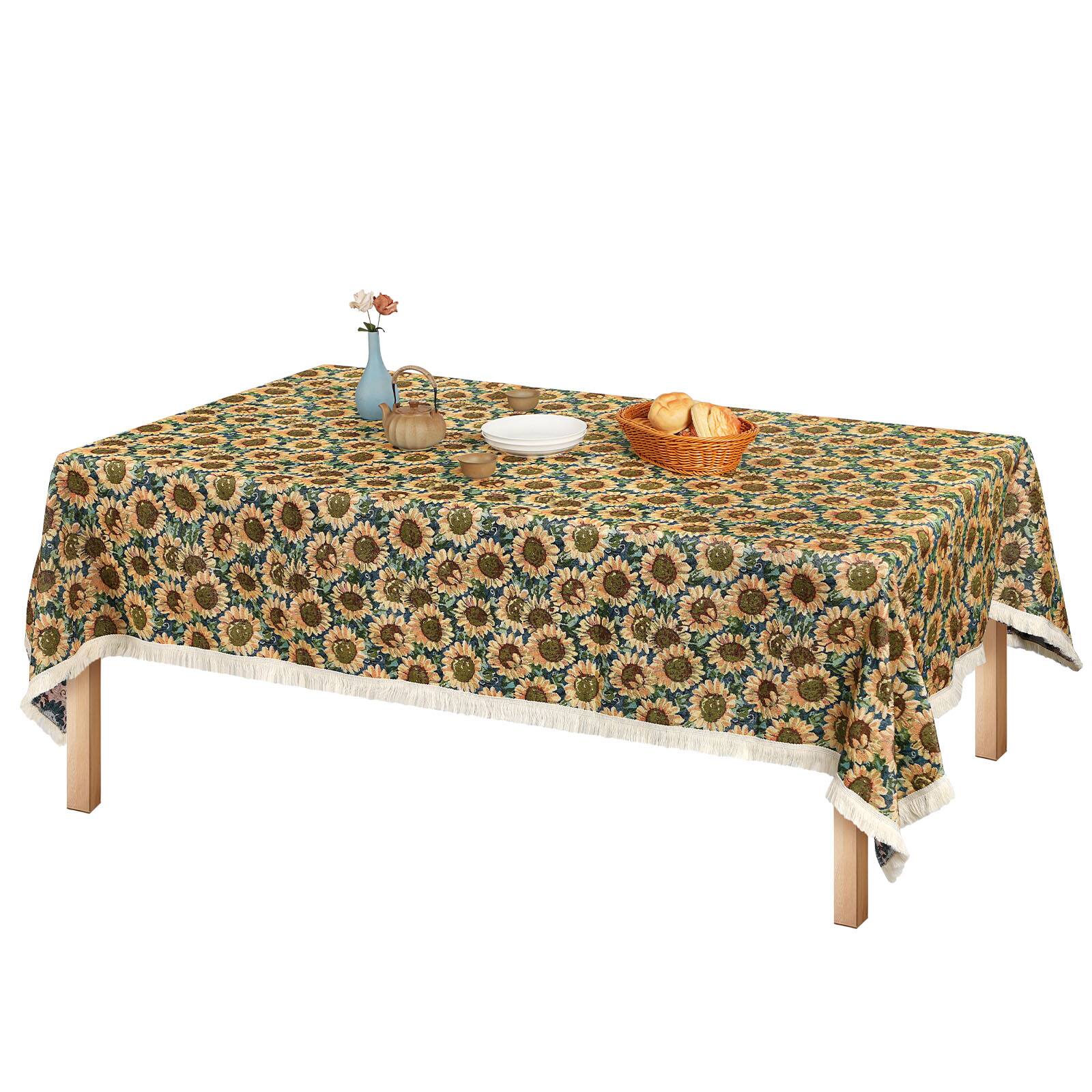 Angle. Oumilen - 59x118in Rectangle Sunflower Tablecloth with White Fringe – Farmhouse Floral Print for Kitchen Party Decor - Multicolor.
