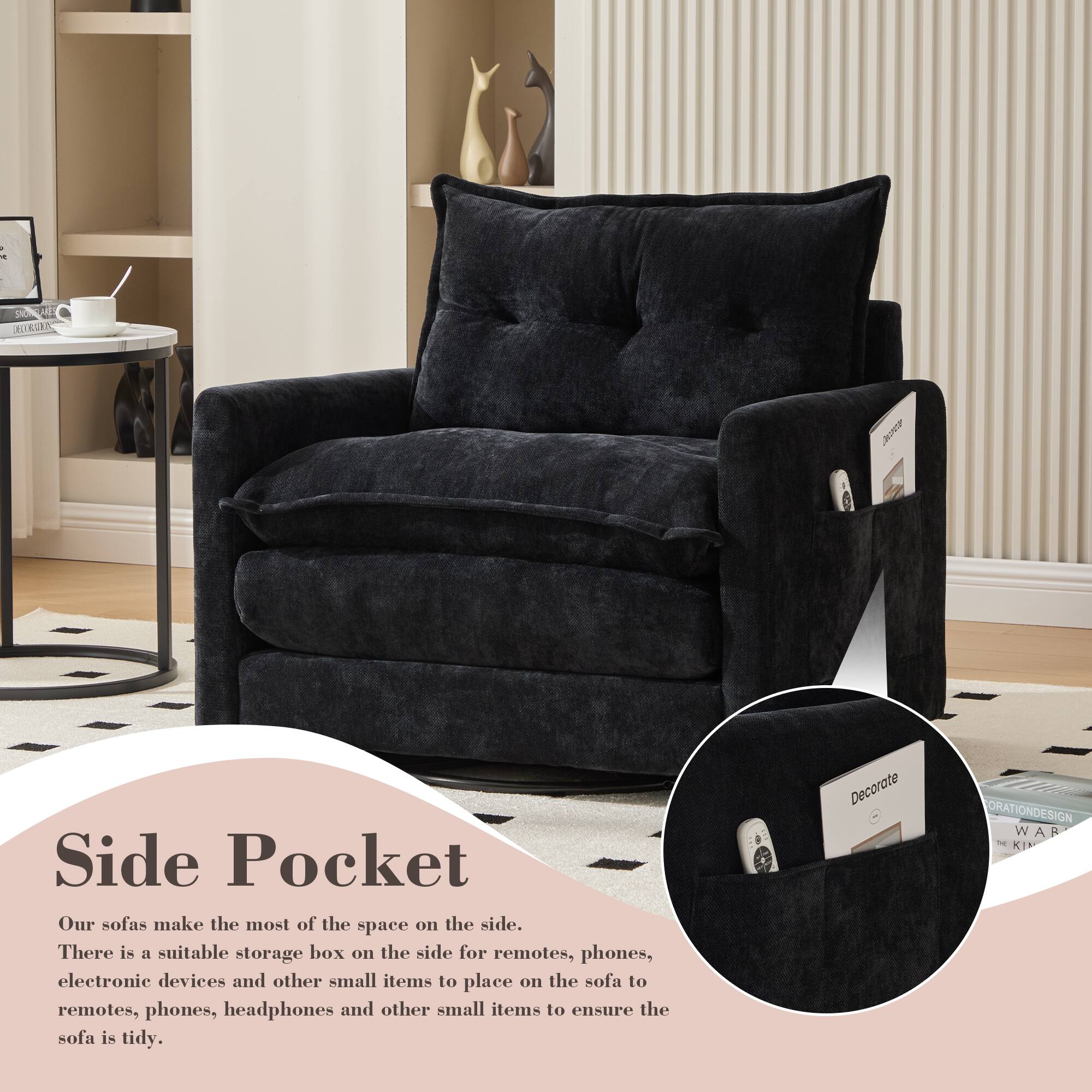 **Side Pocket**

Our sofas make the most of the space on the side. There is a suitable storage box on the side for remotes, phones, electronic devices and other small items to place on the sofa to ensure the sofa is tidy.