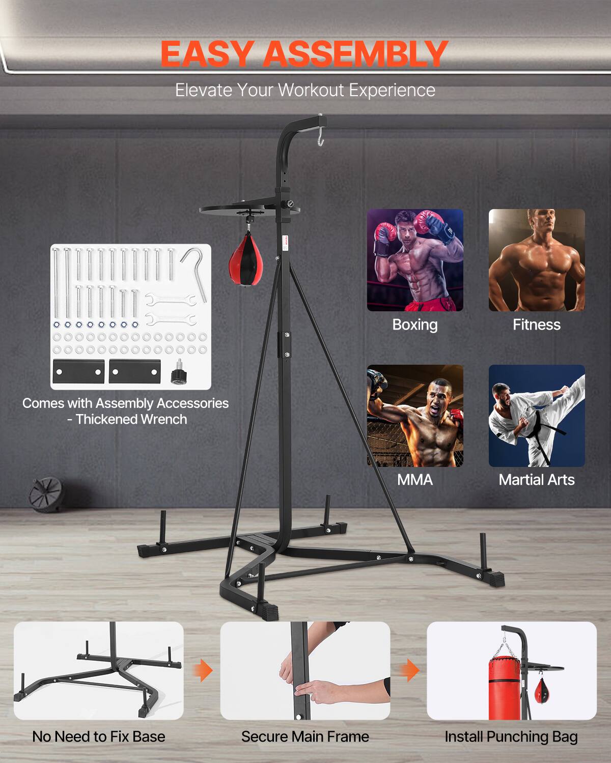 EASY ASSEMBLY Elevate Your Workout Experience

Comes with Assembly Accessories - Thickened Wrench

Boxing Fitness MMA Martial Arts

No Need to Fix Base

Secure Main Frame

Install Punching Bag