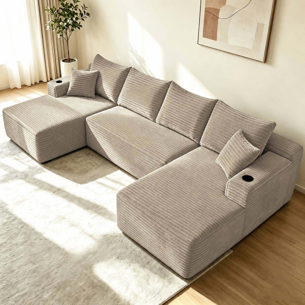 Back. Anysun - 134" Cloud Sectional Sofa, U-Shape Chaise, Side Pockets & Cup Holder, Modern Modular, Deep Seating, No Assembly - Camel.