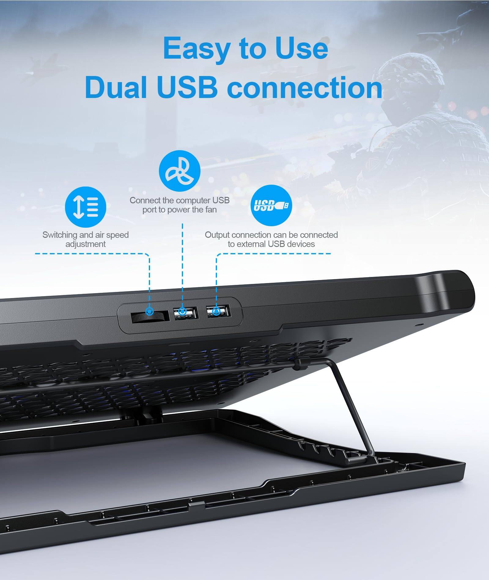 Easy to Use Dual USB Connection

- Connect the computer USB port to power the fan
- Switching and air speed adjustment
- Output connection can be connected to external USB devices