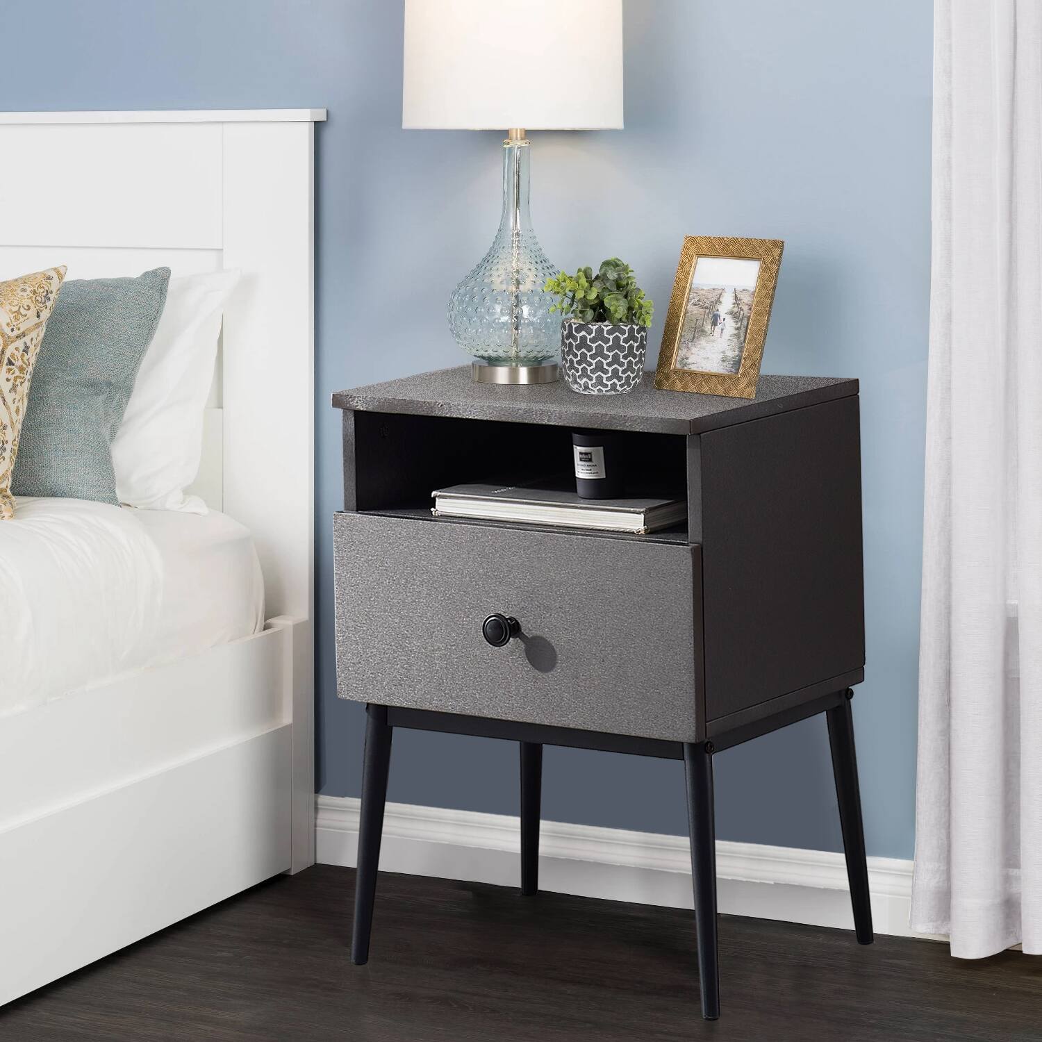 Front. Vecelo - Nightstand, Bedside Table with Drawer - MDF Wood End Table with Storage Shelf for Bedroom - Grey.