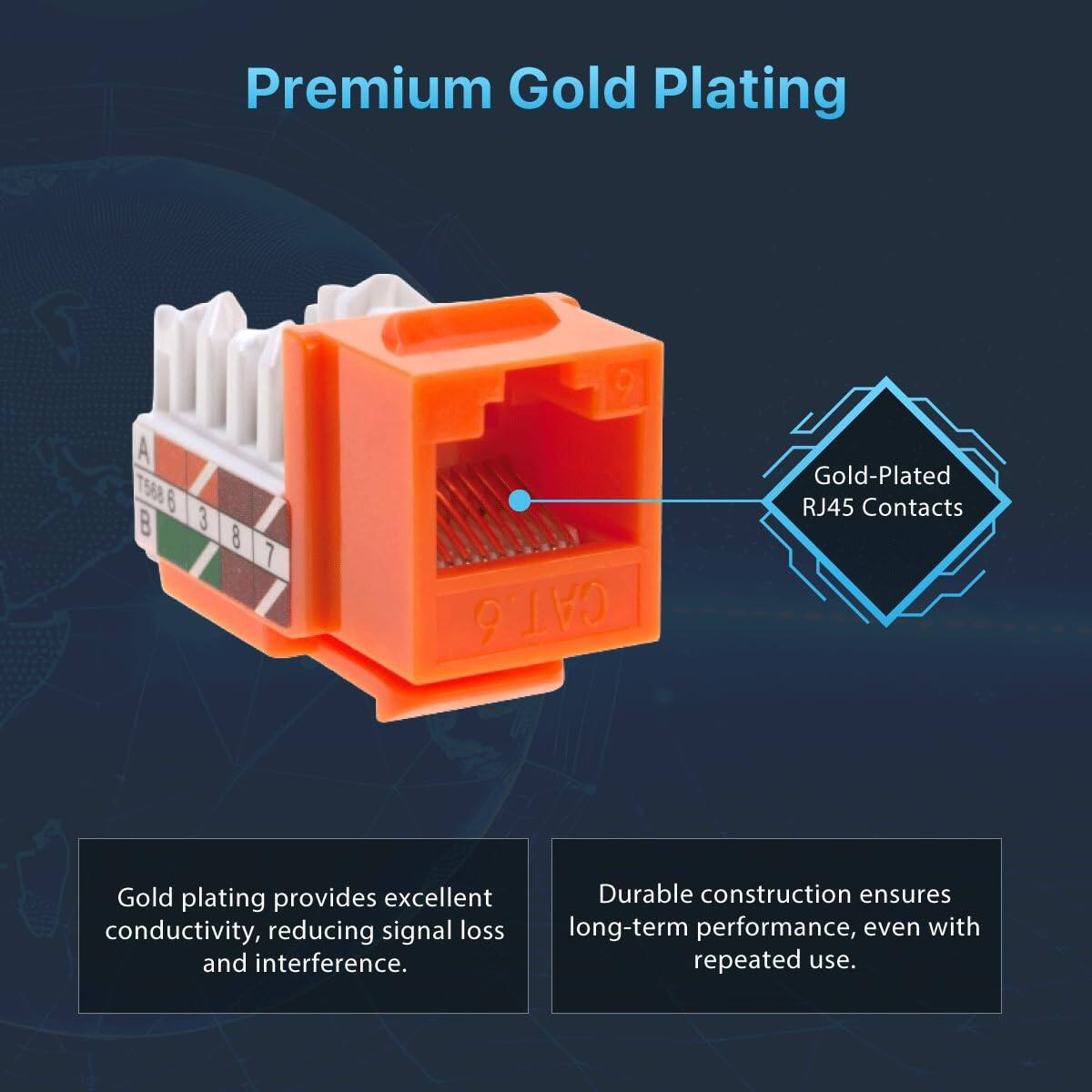 Premium Gold Plating

Gold-Plated RJ45 Contacts

Gold plating provides excellent conductivity, reducing signal loss and interference.

Durable construction ensures long-term performance, even with repeated use.