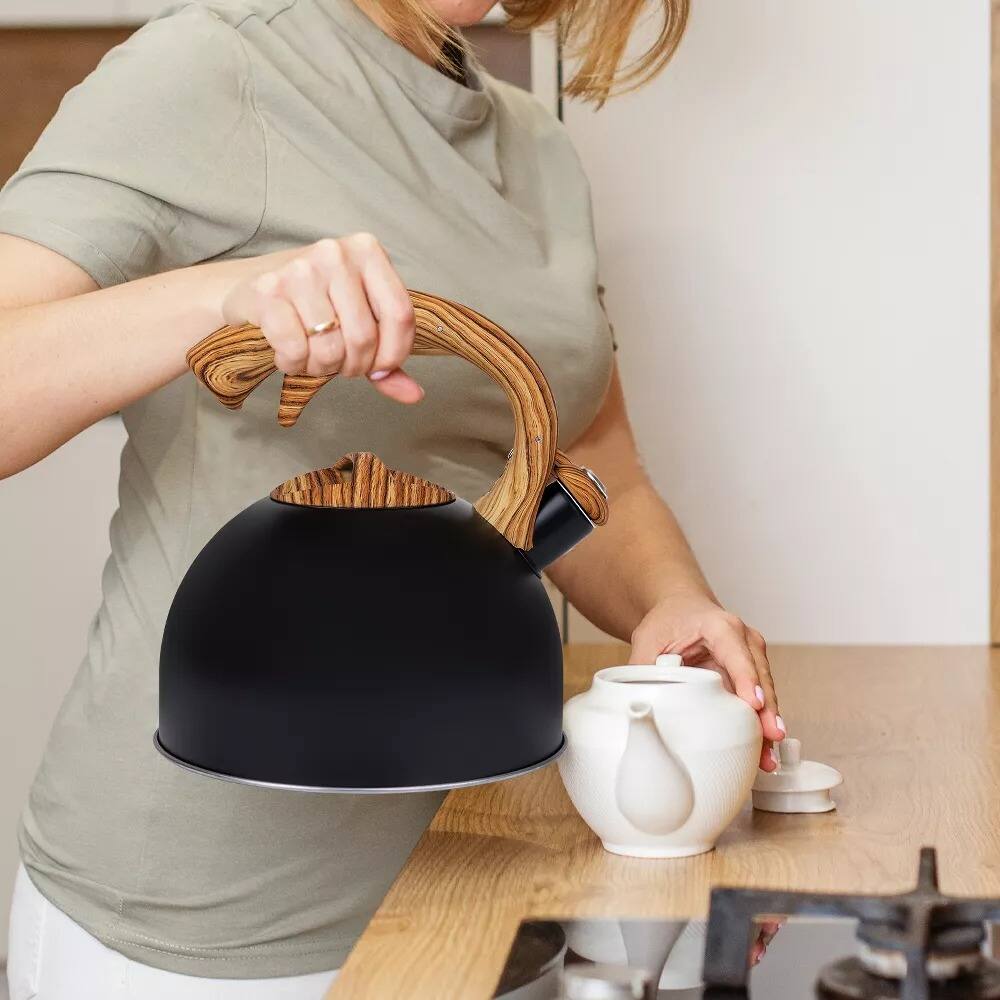 Back. Elle Decor - 3Quart Black Whistling Tea Kettle with Heat Resistant Handle, Tapered Marble Finish Stovetop & Gas Tea Kettle - Black.