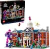 The image features a large Lego set of a building, likely the X-Mansion from the Marvel universe. The set includes various characters and vehicles, such as motorcycles and a car. The building itself is quite elaborate, with a clock on its side and a dome-like structure. The Lego set is displayed in front of the building, showcasing the impressive details and design of the set.